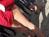 Lady in red dress and nude pantyhose upskirt oopsy